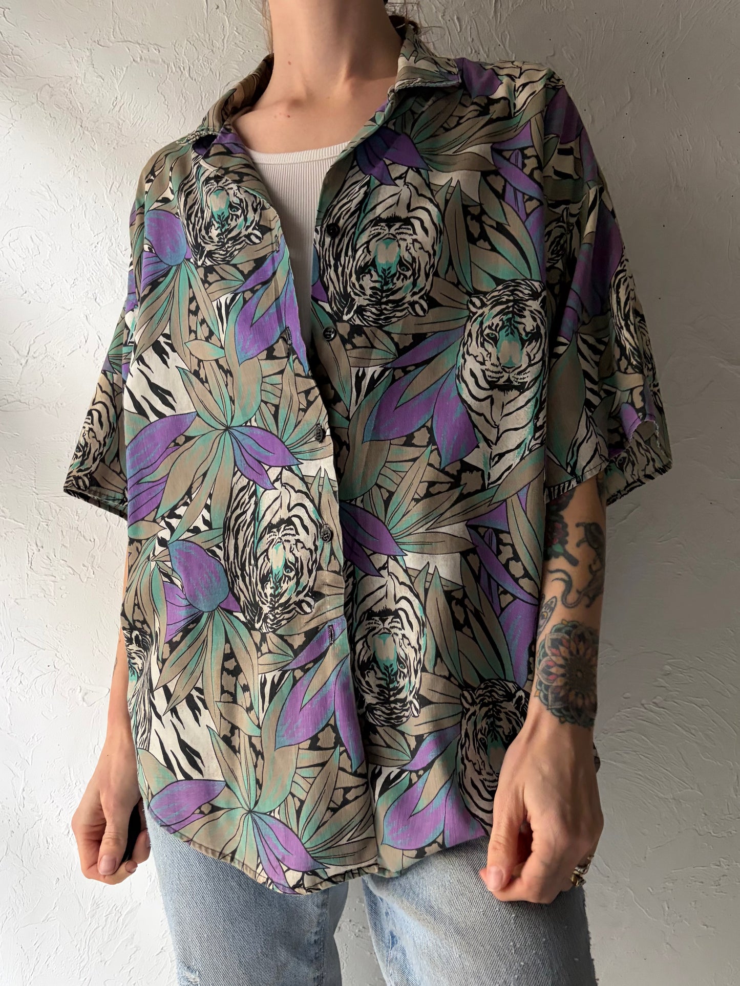 90s 'Caribou' Tiger Print Shirt / Medium