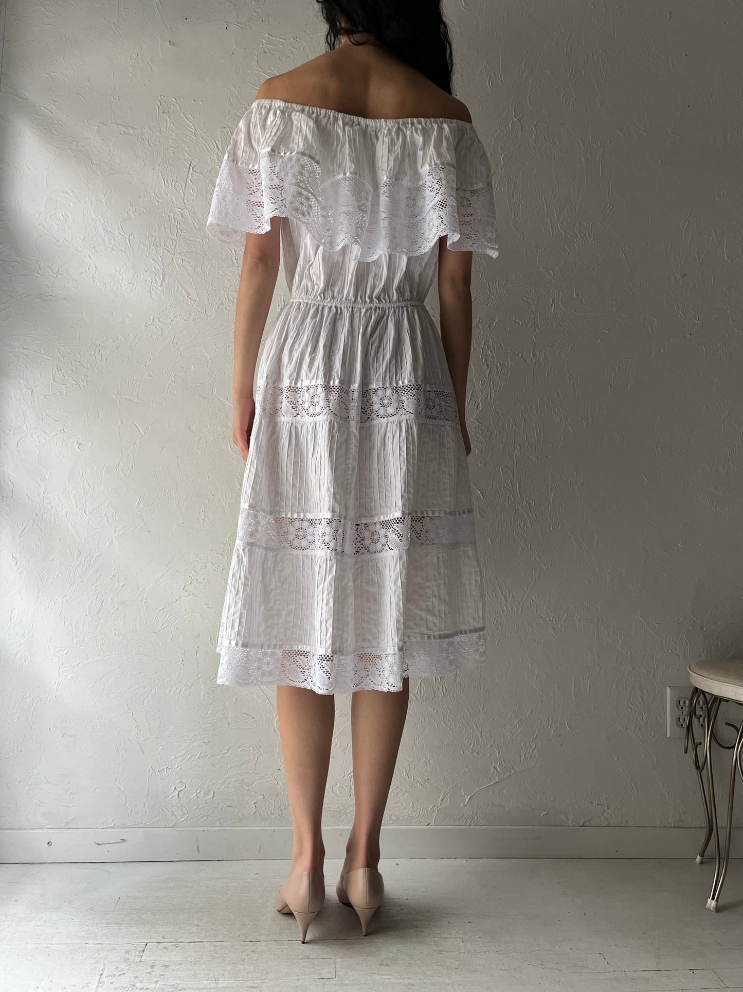 Vintage White Cotton Off the Shoulder Hippie Midi Dress / Small