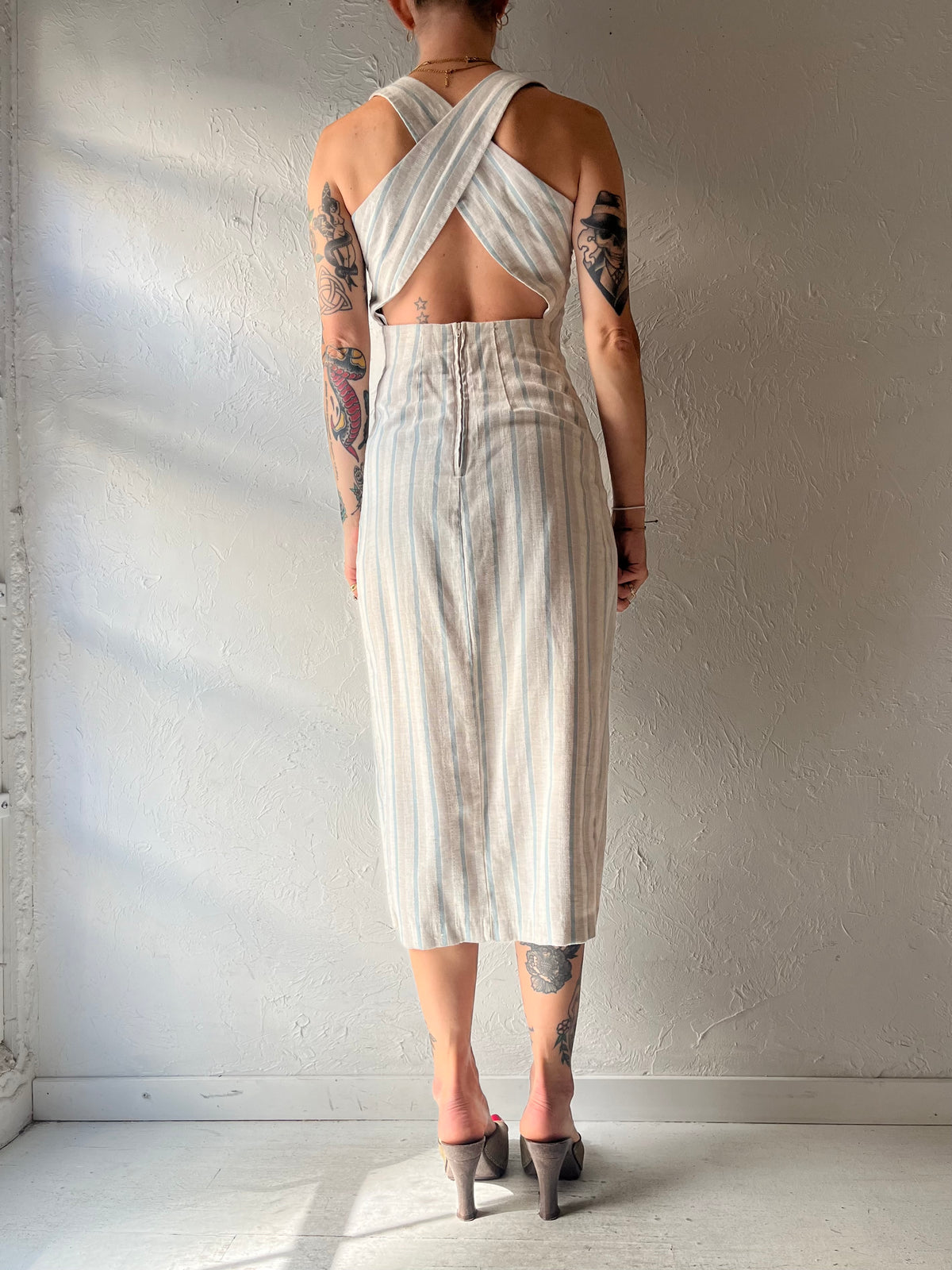 90s 'DBY' Striped Cross Back Midi Dress / Small