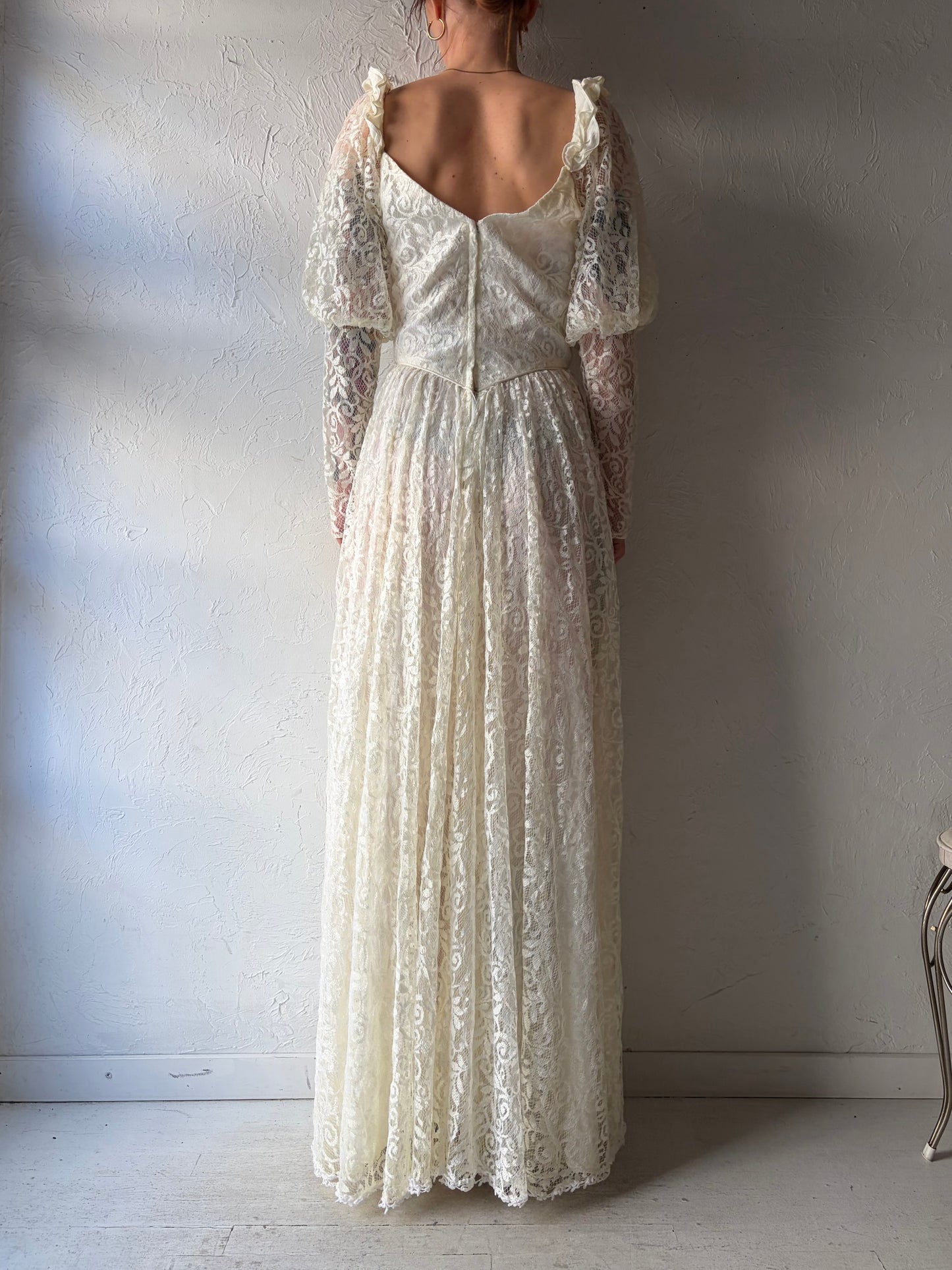 80s White Lace Long Sleeve Wedding Maxi Dress / Small