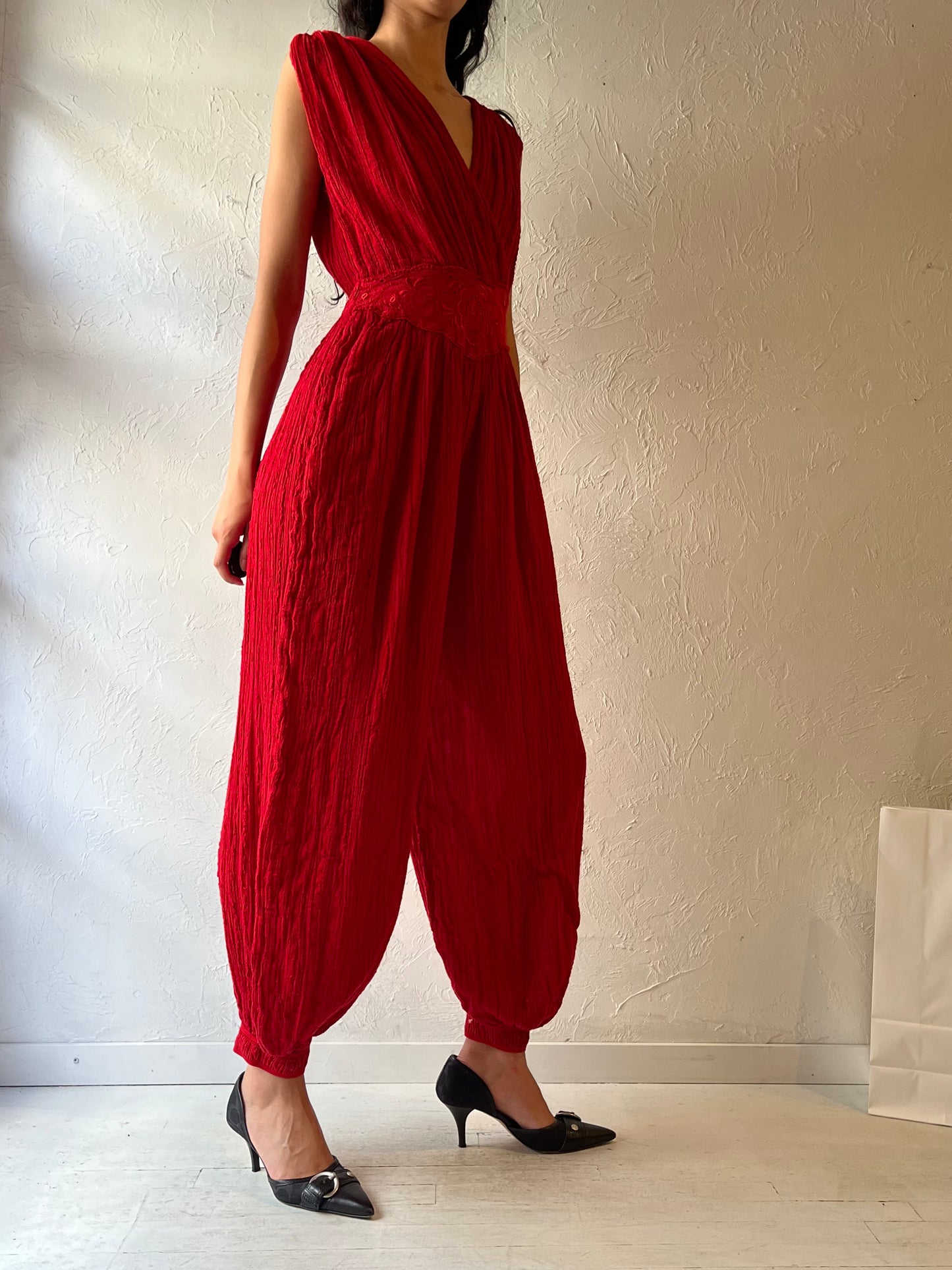 90s ‘Eva’ Red Crinkle Jumpsuit / Small