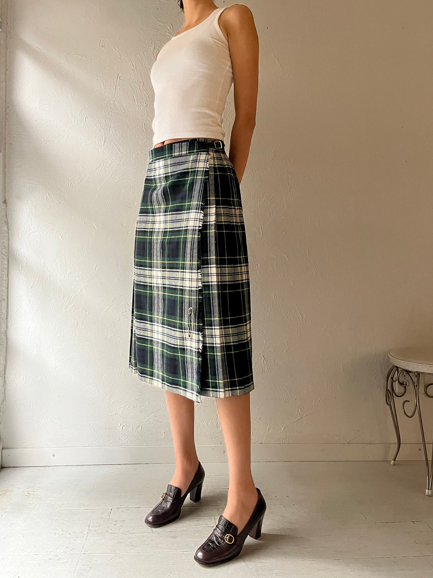 90s 'BHS' Pleated Plaid Wrap Skirt / Medium