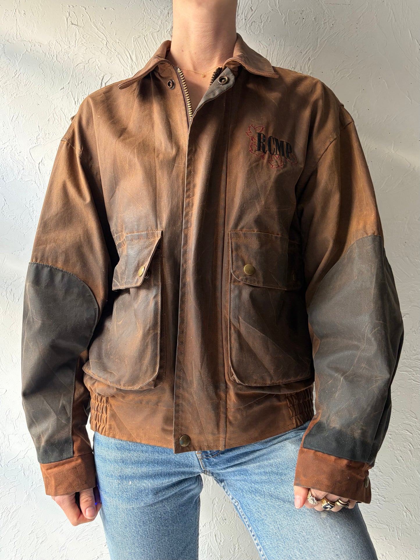 90s 'RCMP' Brown Waxed Workwear Bomber Jacket / Vintage 1990s Canadian Police Style Oilskin Canvas Utility Outerwear / Medium