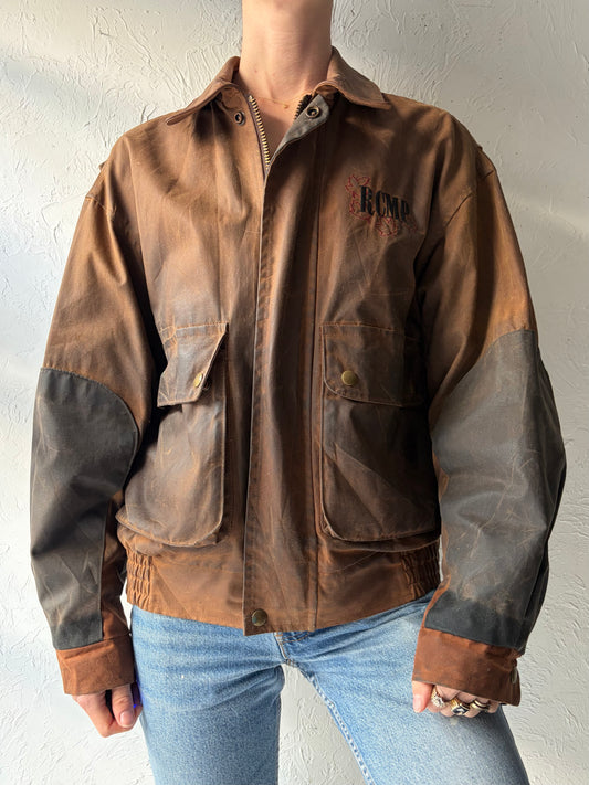 90s 'RCMP' Brown Waxed Workwear Bomber Jacket / Vintage 1990s Canadian Police Style Oilskin Canvas Utility Outerwear / Medium