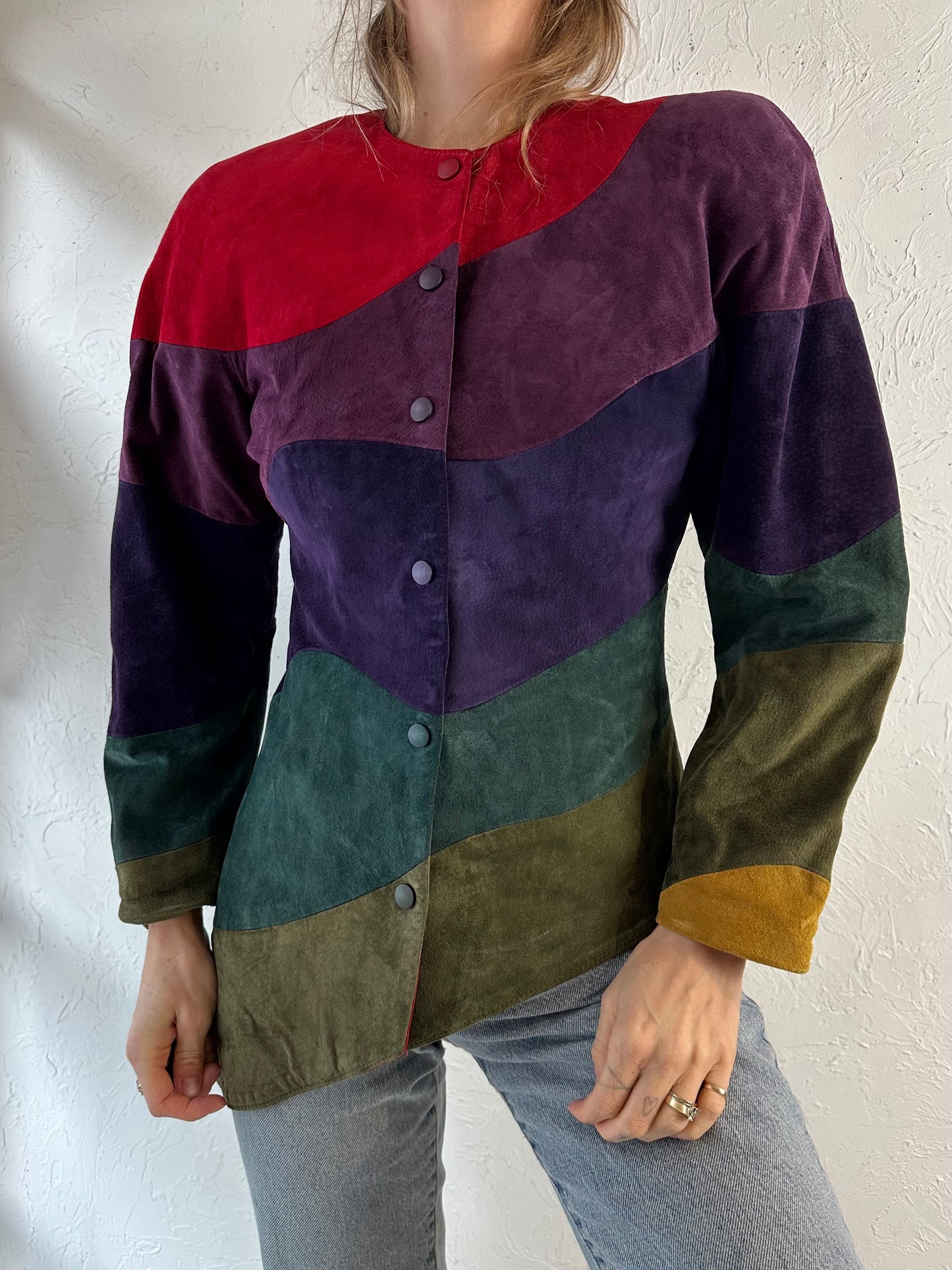 90s 'Danier' Red Purple Green Stripped Suede Blazer Jacket / Xsmall