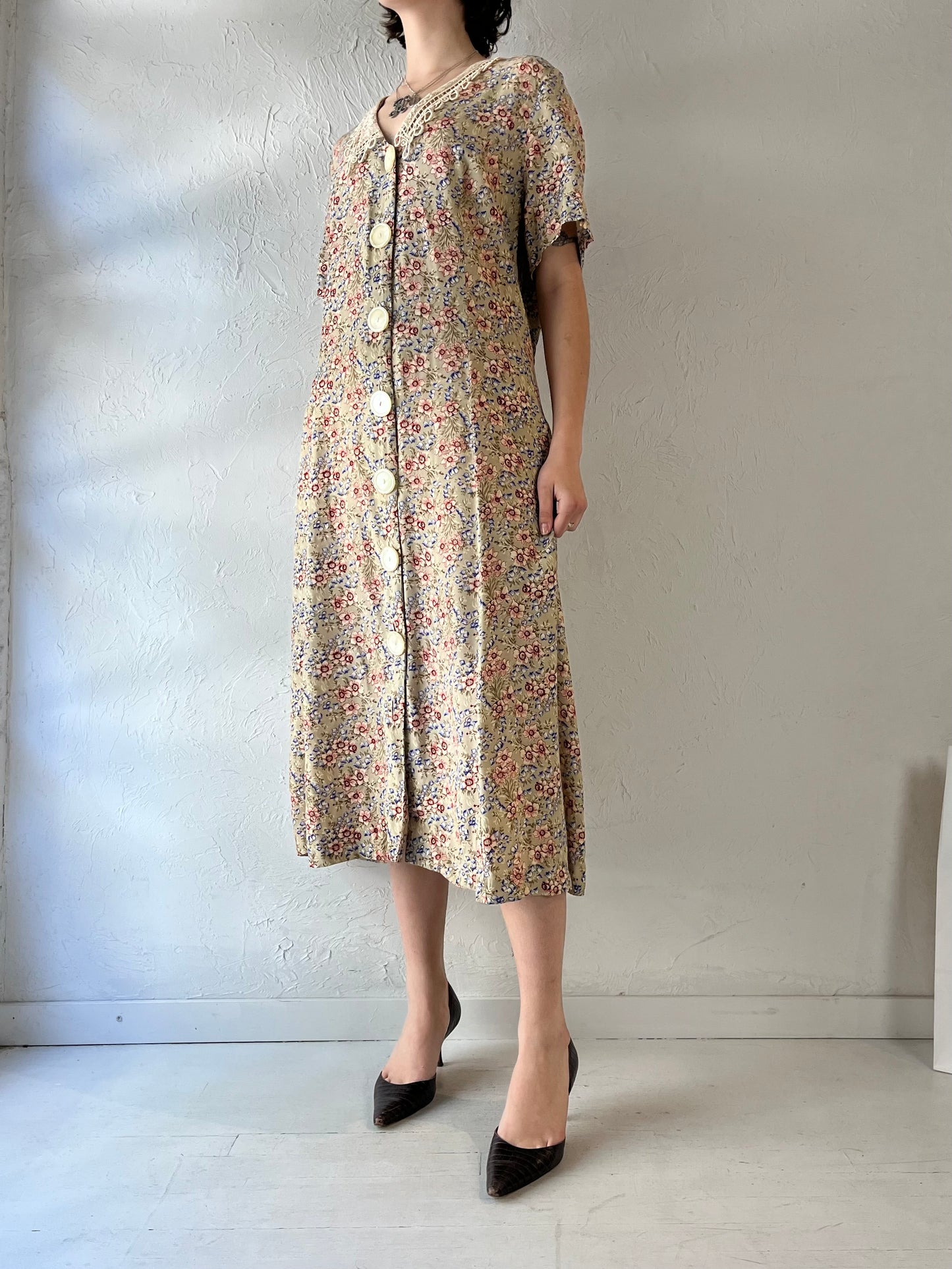 90s Beige Floral Print Rayon Dress / Large