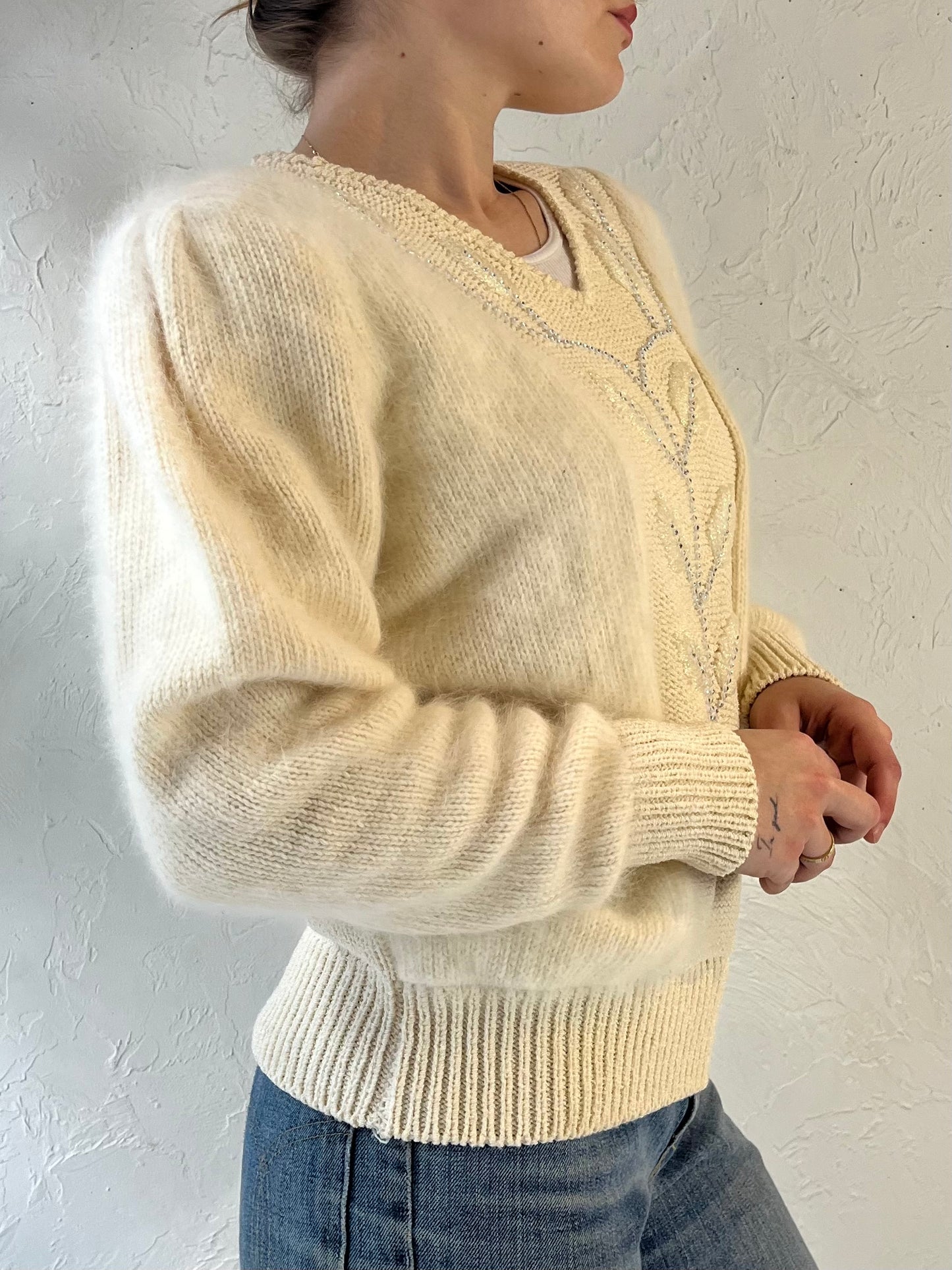 90s ‘Eugenia’ Cream Rhinestone Sweater / Medium