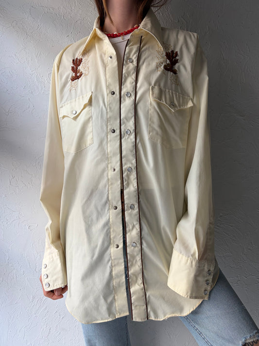 80s 'Barb' Cream Embroidered Western Pearl Snap Up Shirt / Vintage 1980s Cowboy Work Wear Shirt / Large