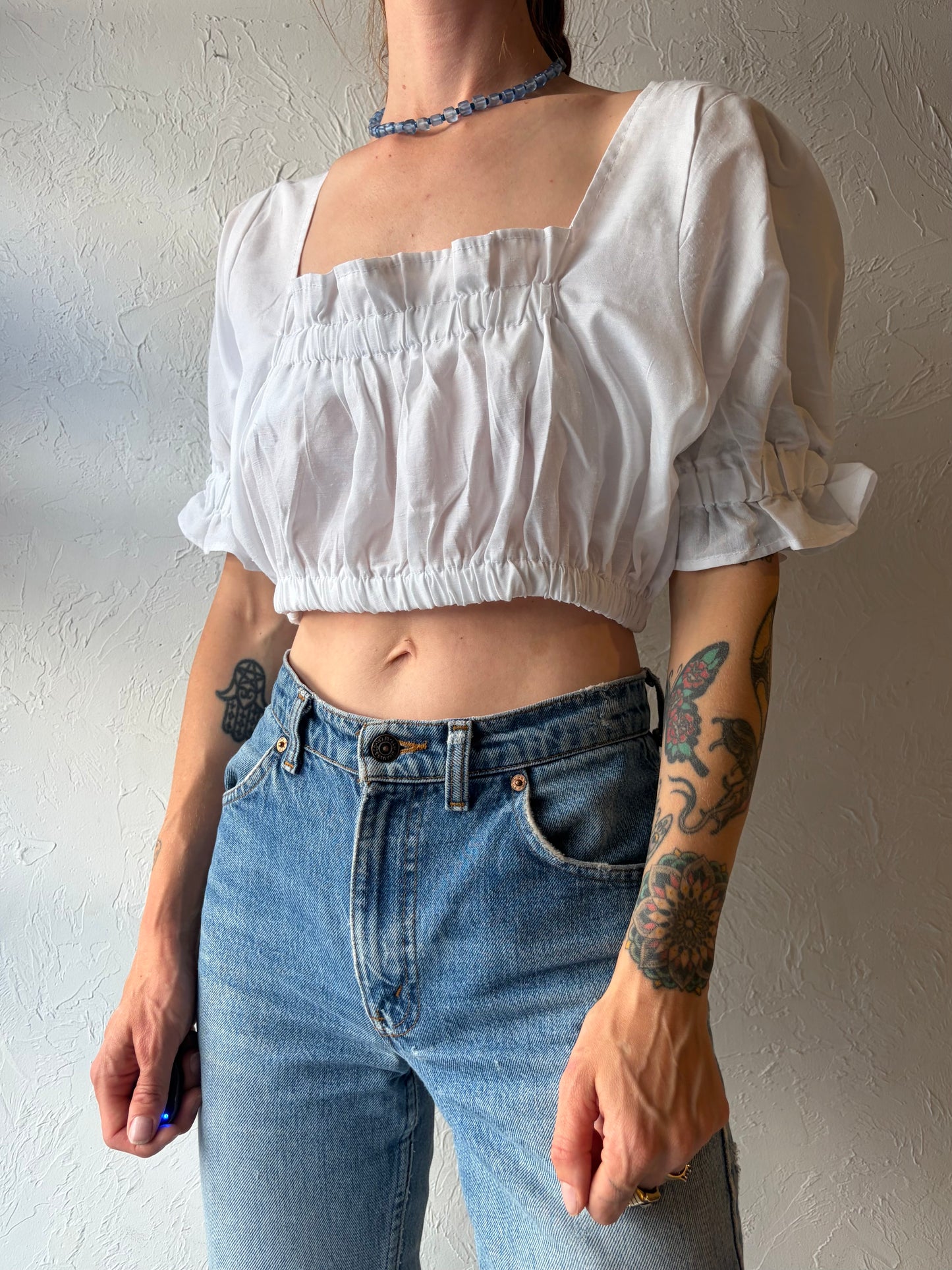 Vintage White Peasant Style Cotton Crop Top / Medium
