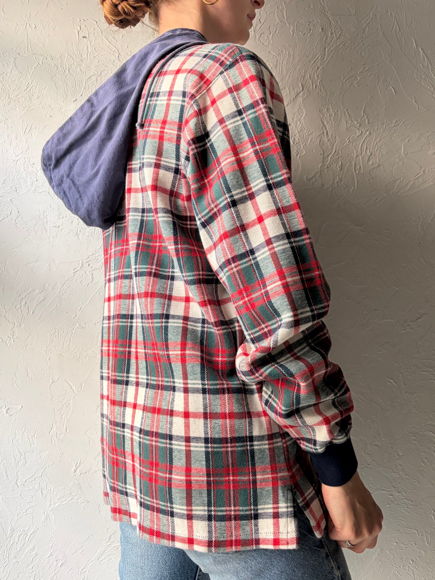 90s 'Polo Ralph Lauren' Plaid Cotton Grungecore Pullover Hooded Sweatshirt / Large