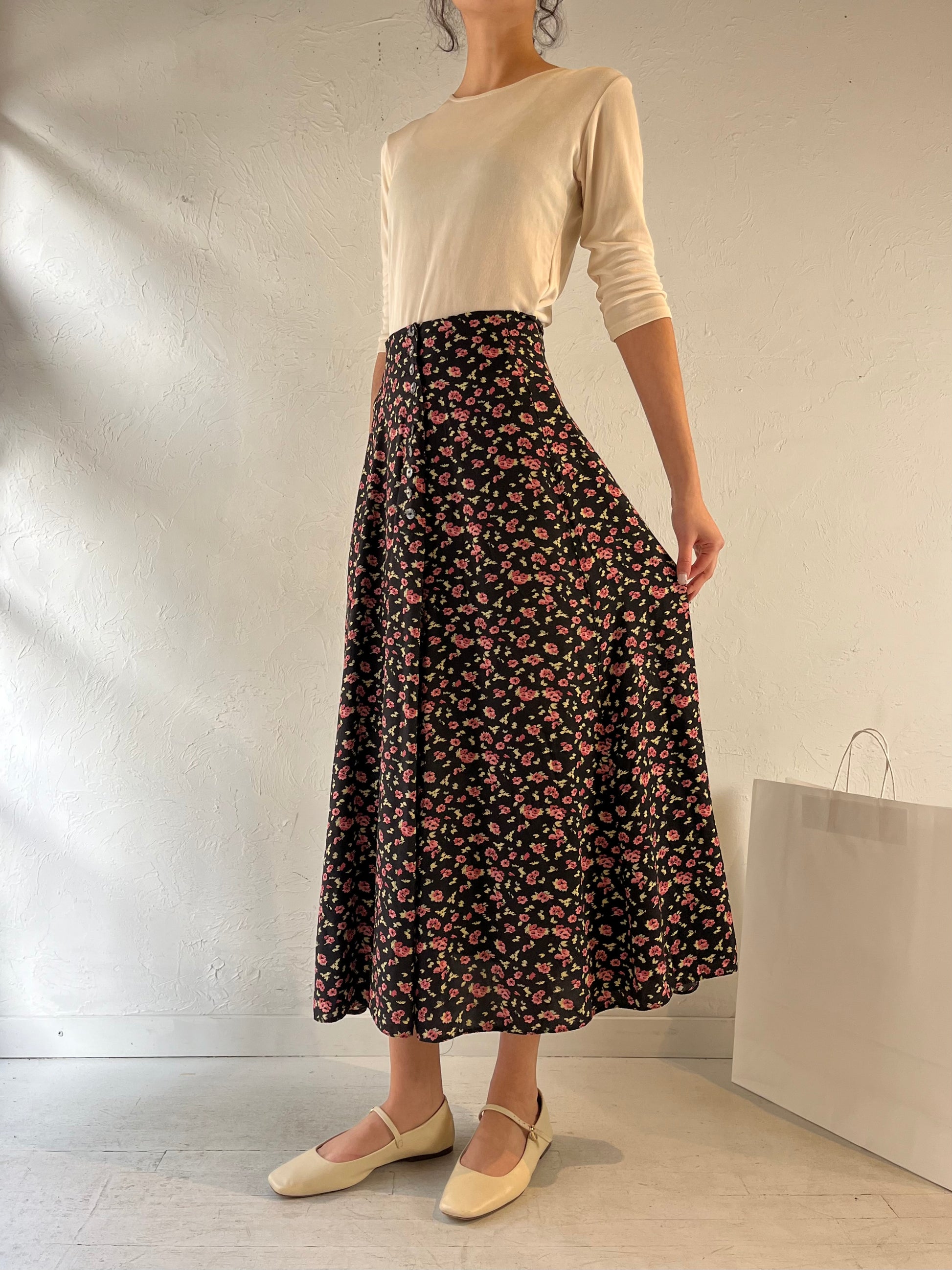 Vintage Floral Print Maxi Skirt / Small