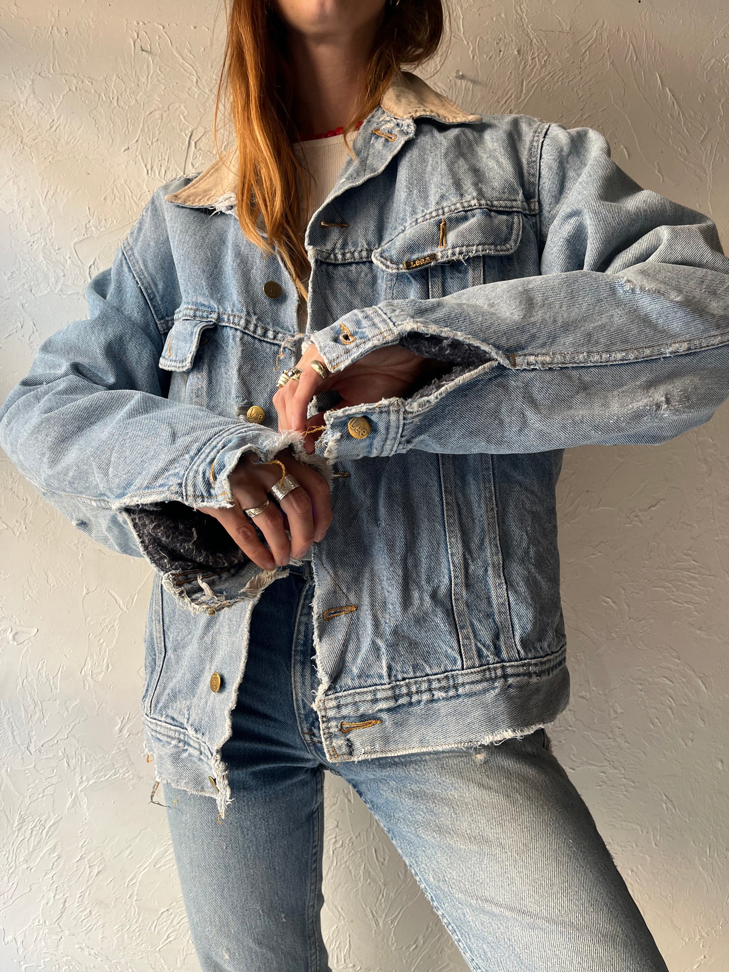 80s 'Lee Stormrider' Thrashed Blanket Lined Denim Jacket / Large