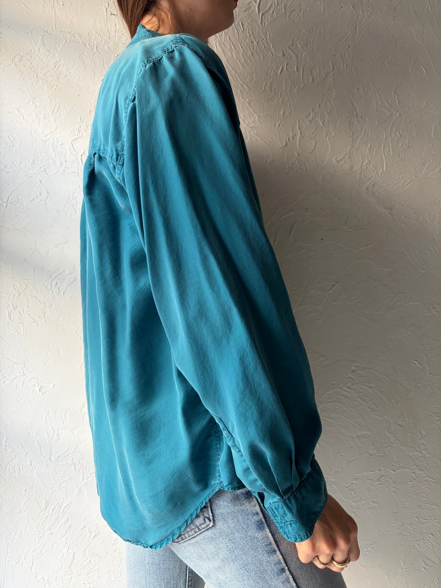 90s 'Canary Island' Blue Minimalist Silk Button Up Shirt / Vintage 1990s Normcore Blouse / Medium
