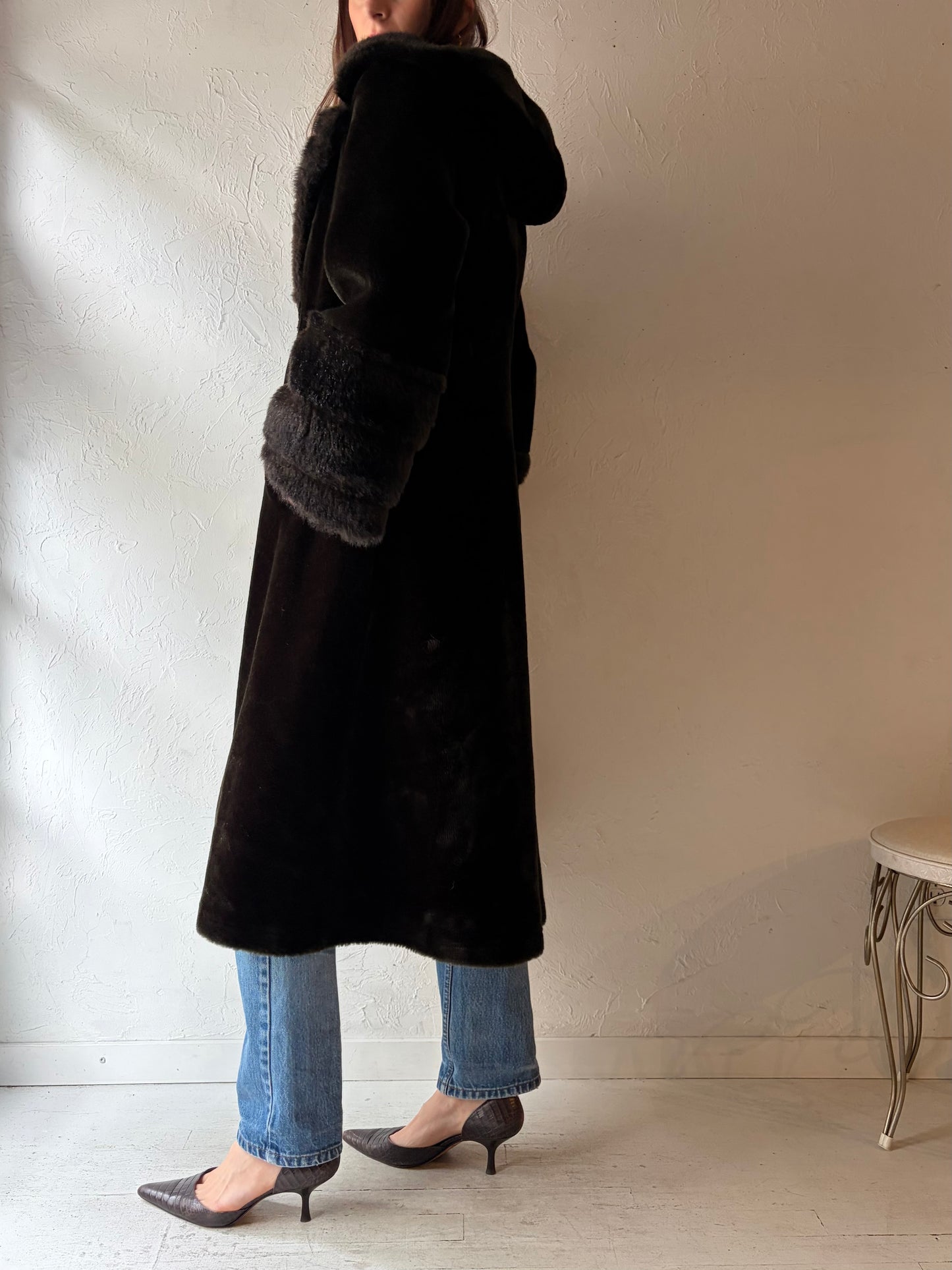 Vintage Hooded Brown Faux fur Coat / Medium