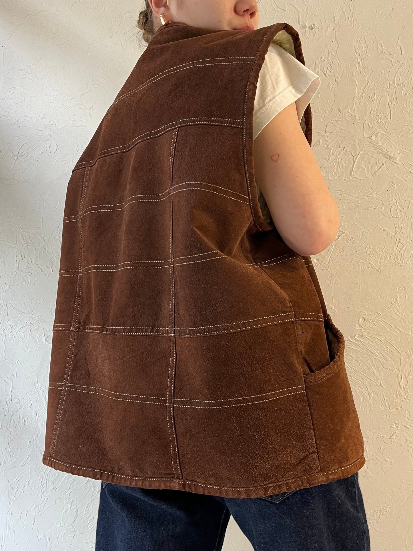 Vintage Brown Suede Shearling Vest / Large