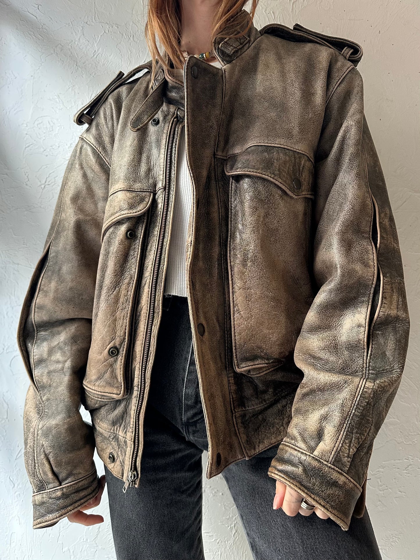 80s 'Wilsons' Brown Leather Flight Jacket / Large