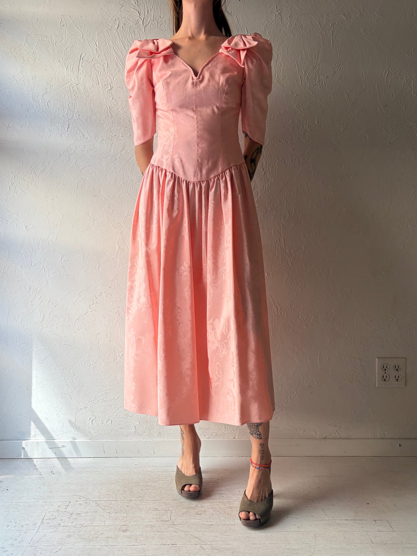 70s 'Alfred Angelo' Pink Formal Midi Dress / Small