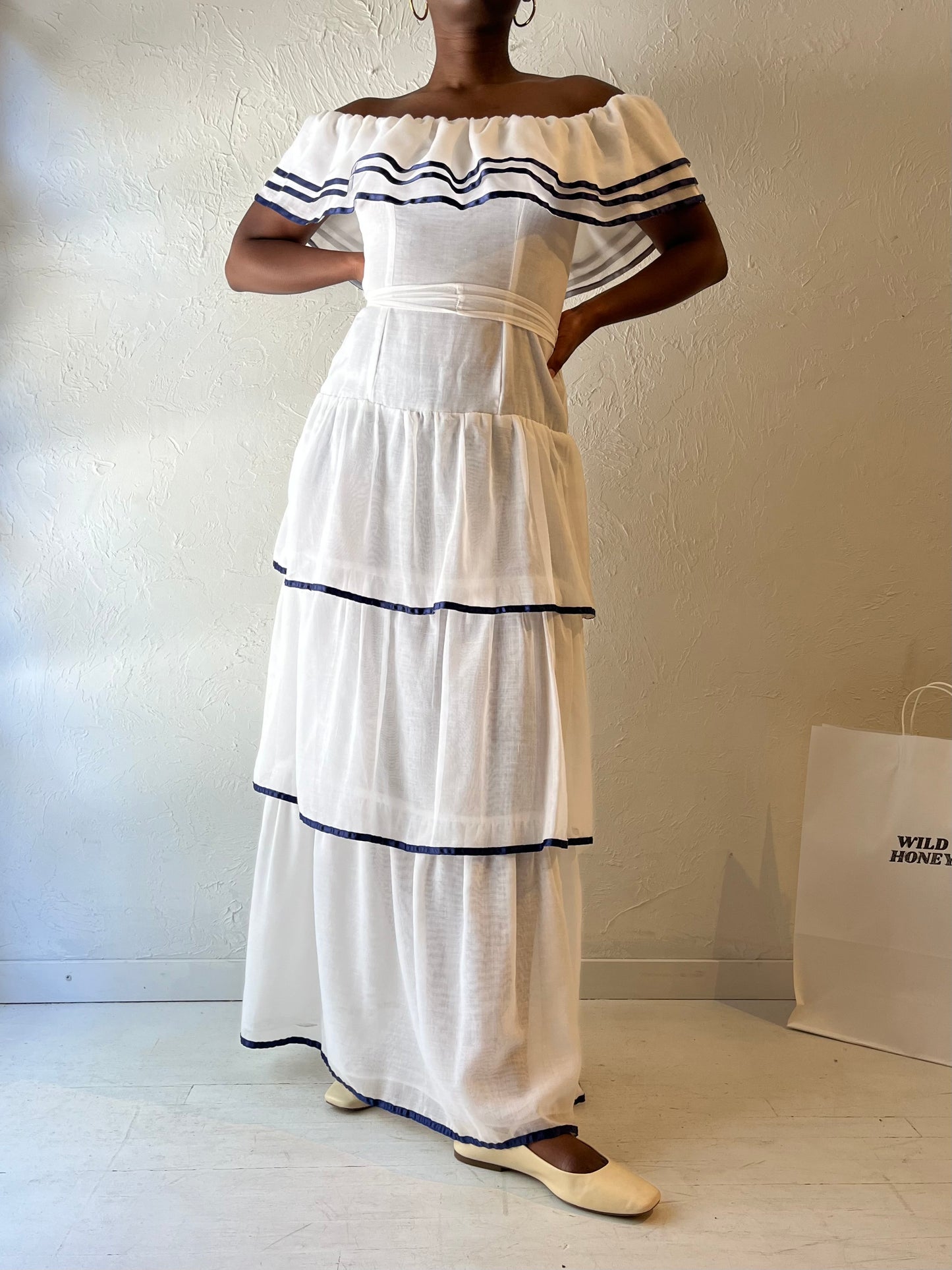 70s 'Roberta' White Tiered Maxi Dress / Medium