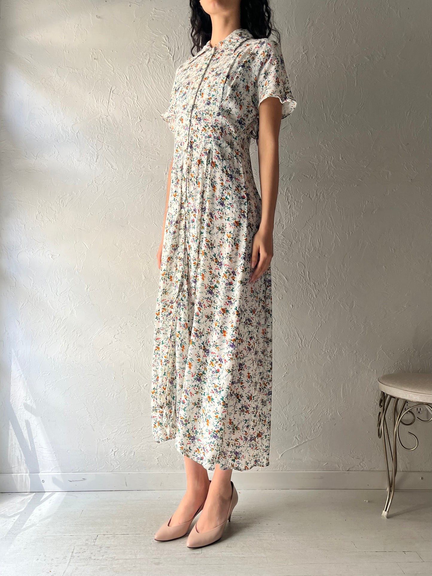 90s 'Equation' Floral Print Rayon Spring Dress / Medium