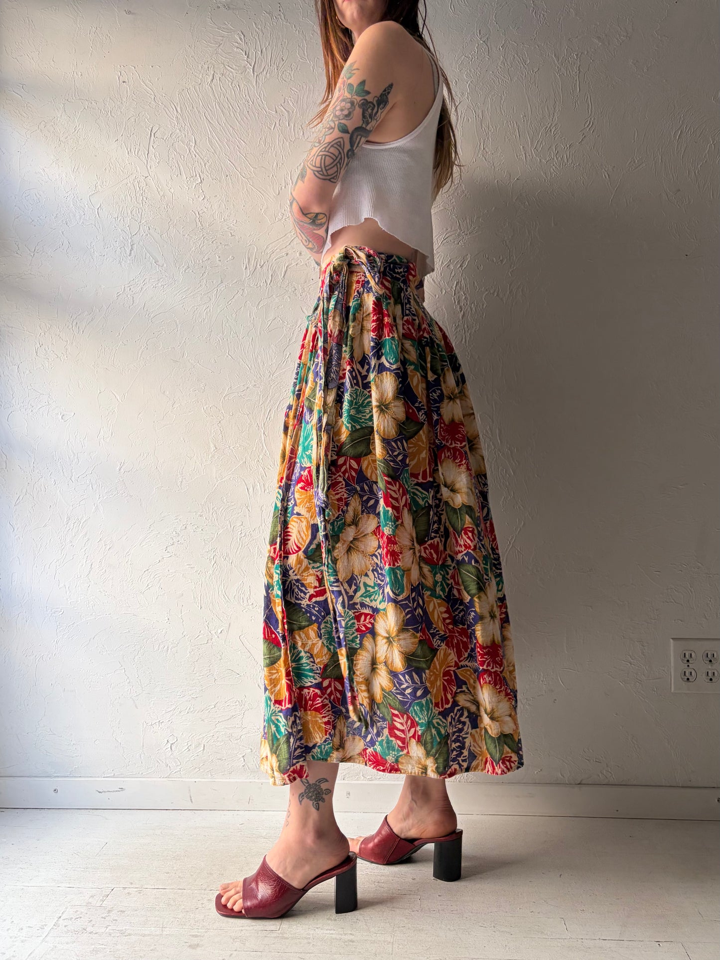 90s 'Liz Sport' Cotton Floral Wrap Skirt / Medium