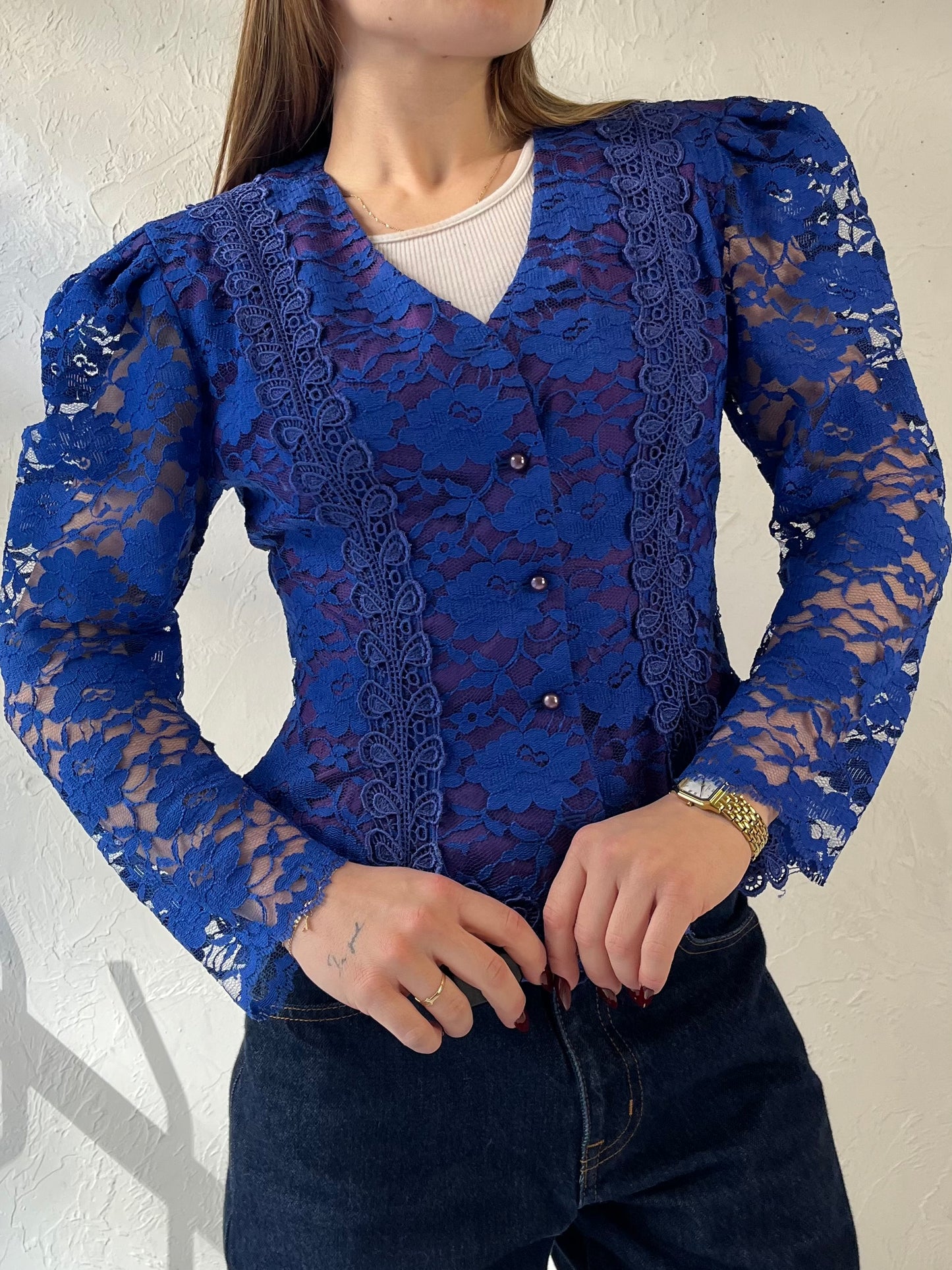 80s ‘Lori Ann’ Blue Lace Jacket / Small