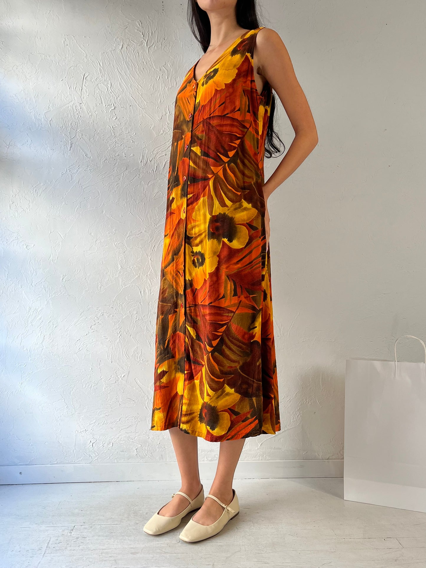 90s ‘Jams World’ Orange Floral Print Rayon Dress / Large