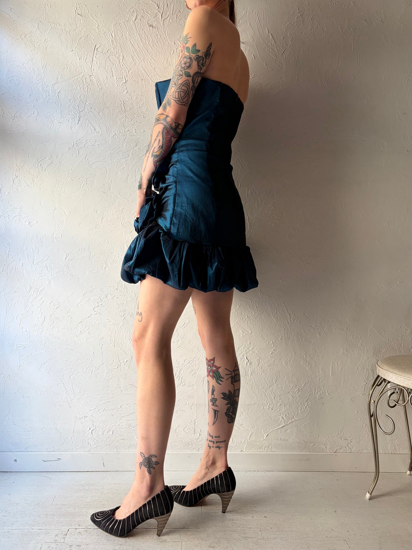 Y2k 'Sakura' Metallic Blue Strapless Formal Mini Dress / Large