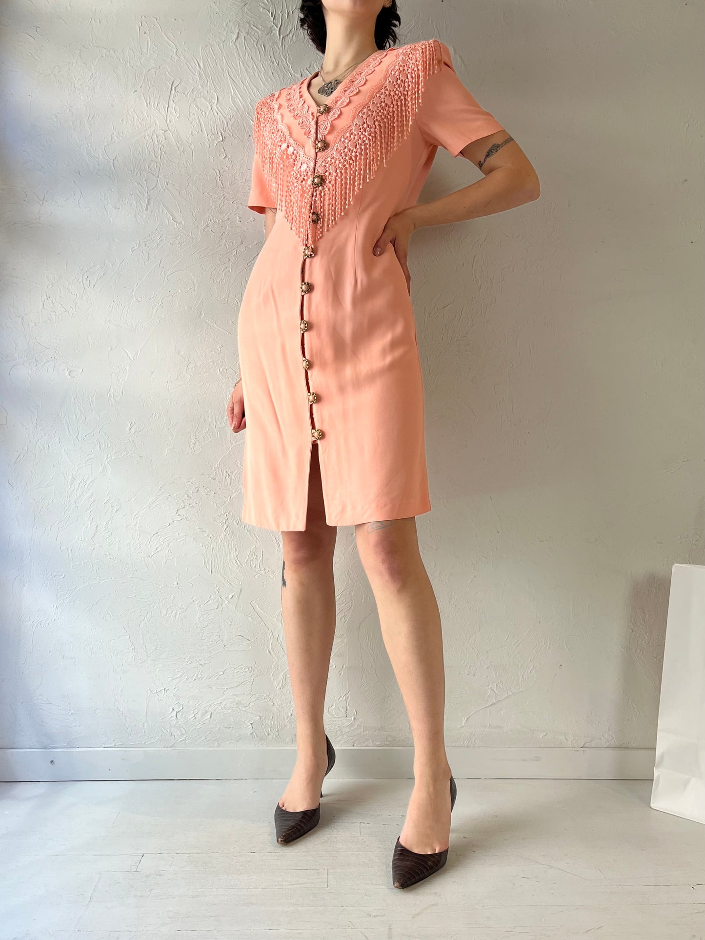 90s 'Petite Sophisticate' Pink Button Up Dress / Small