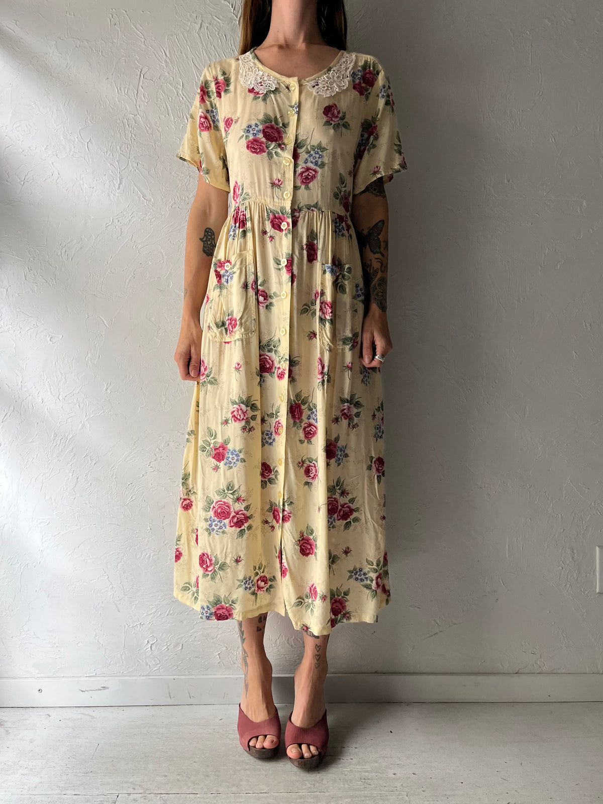 Vintage 'Erika' Yellow Floral Print Rayon Dress / Large