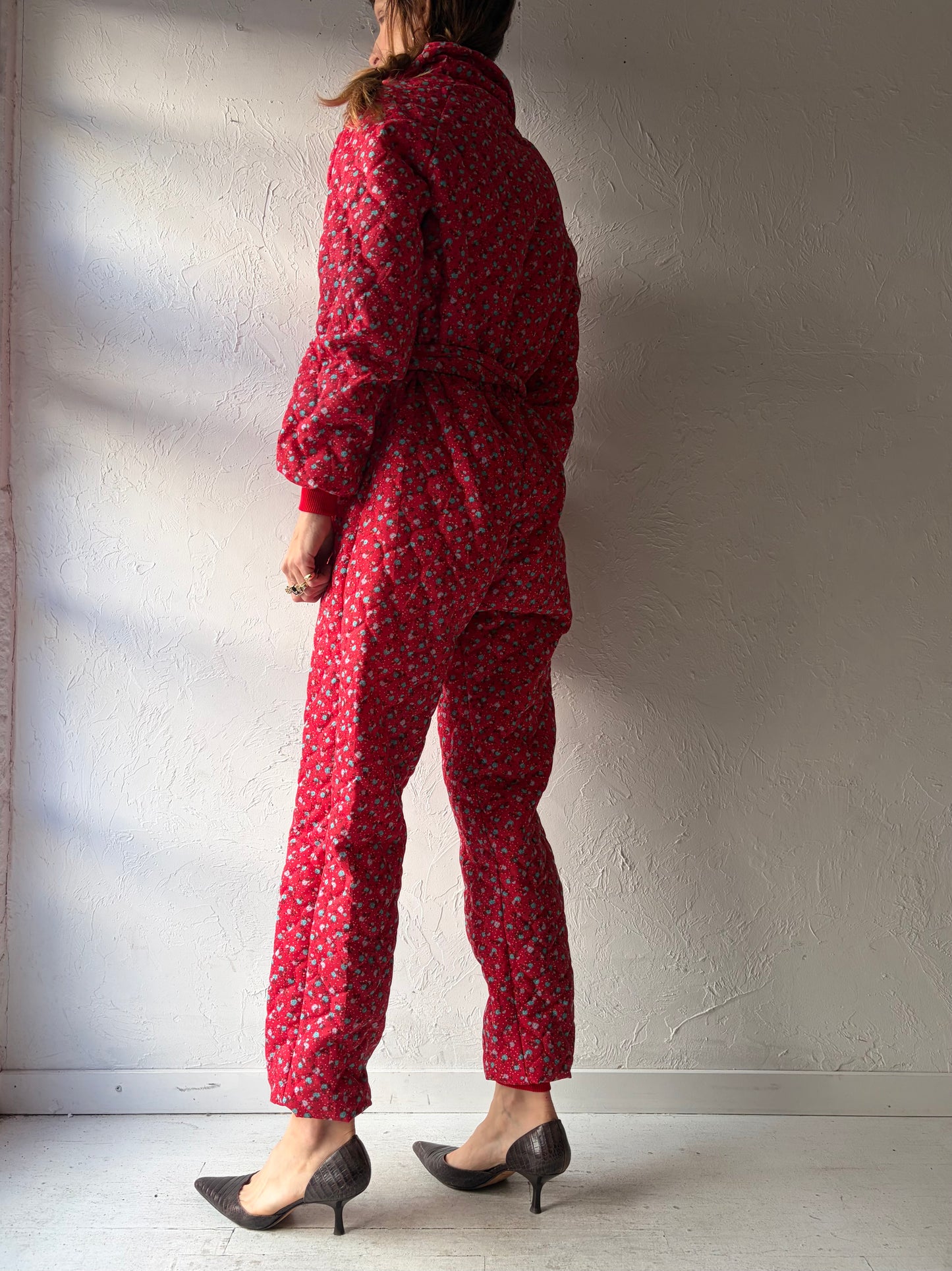 80s 'G. Caseratti' Red Floral Print Quilted Retro Cottagecore Jumpsuit / Small