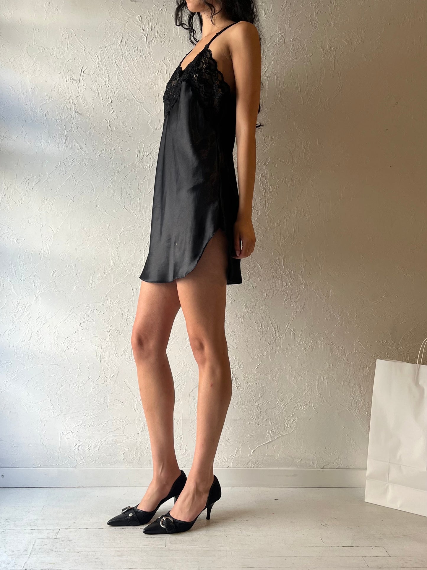 90s ‘Dentelle’ Black Mini Slip Dress / Small