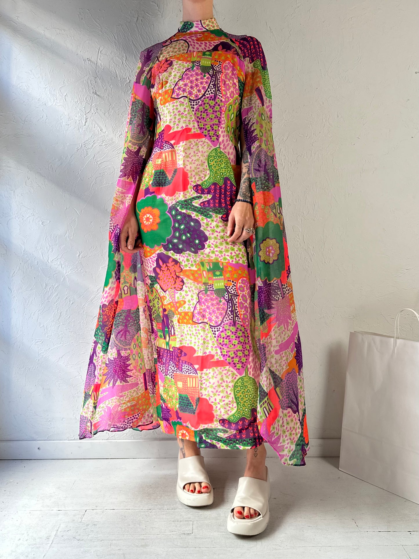 70s Patterned Maxi Dress / Small