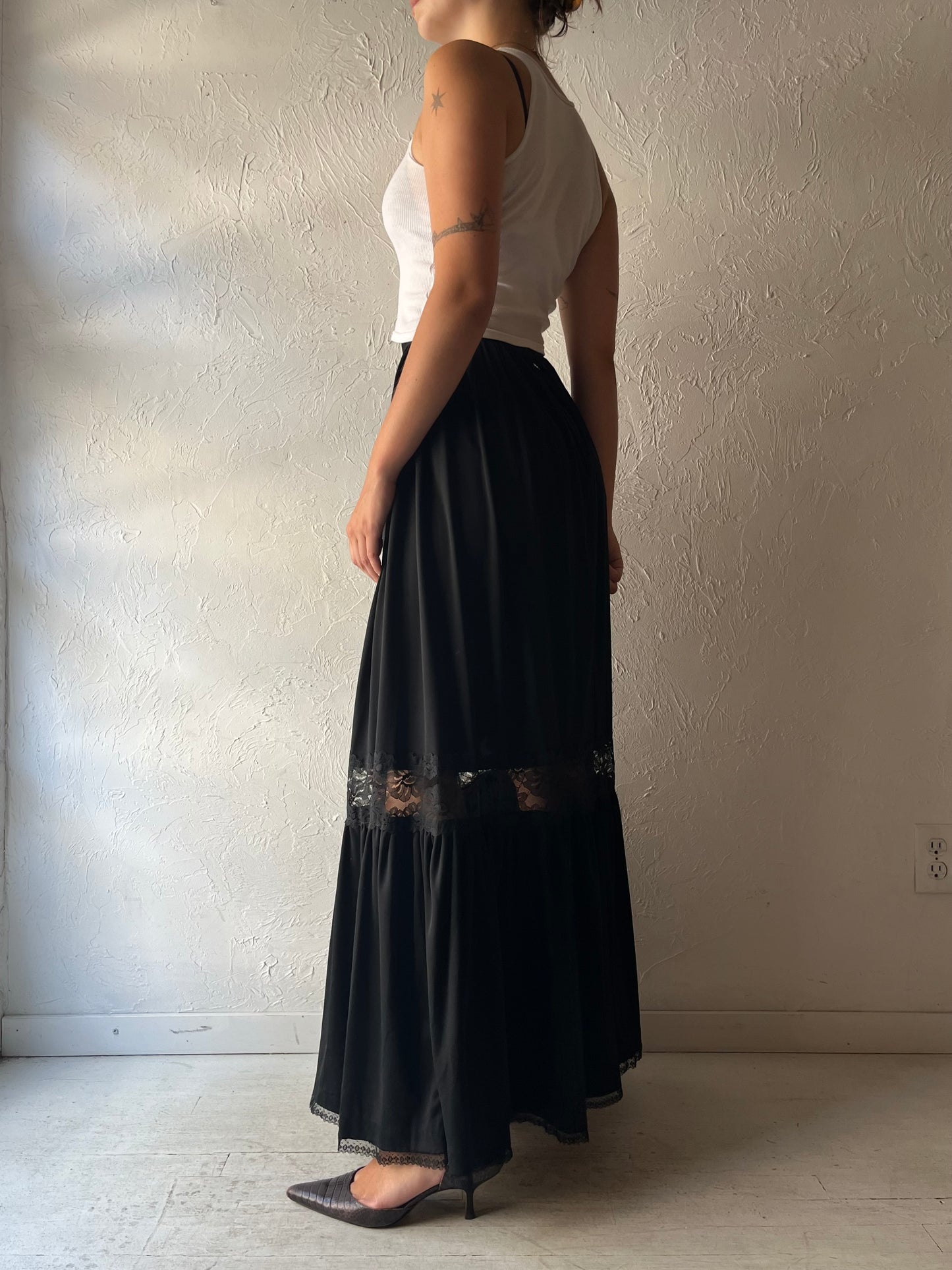 70s Black Tiered Goth Maxi Skirt / Small