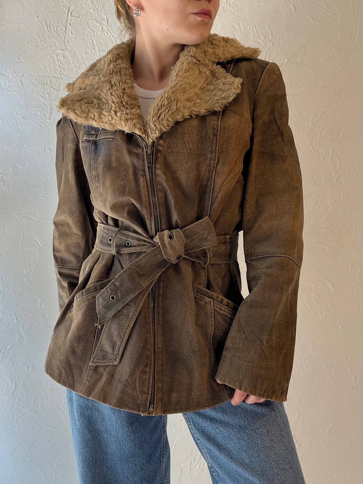 Y2k 'Winlit' Brown Leather Jacket with Faux Fur Trim / Small