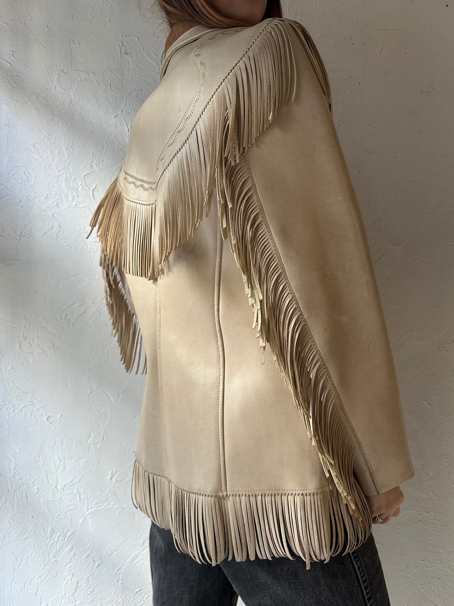 70s 'Pioneer Wear' Beige Faux Leather Fringe Jacket / Small