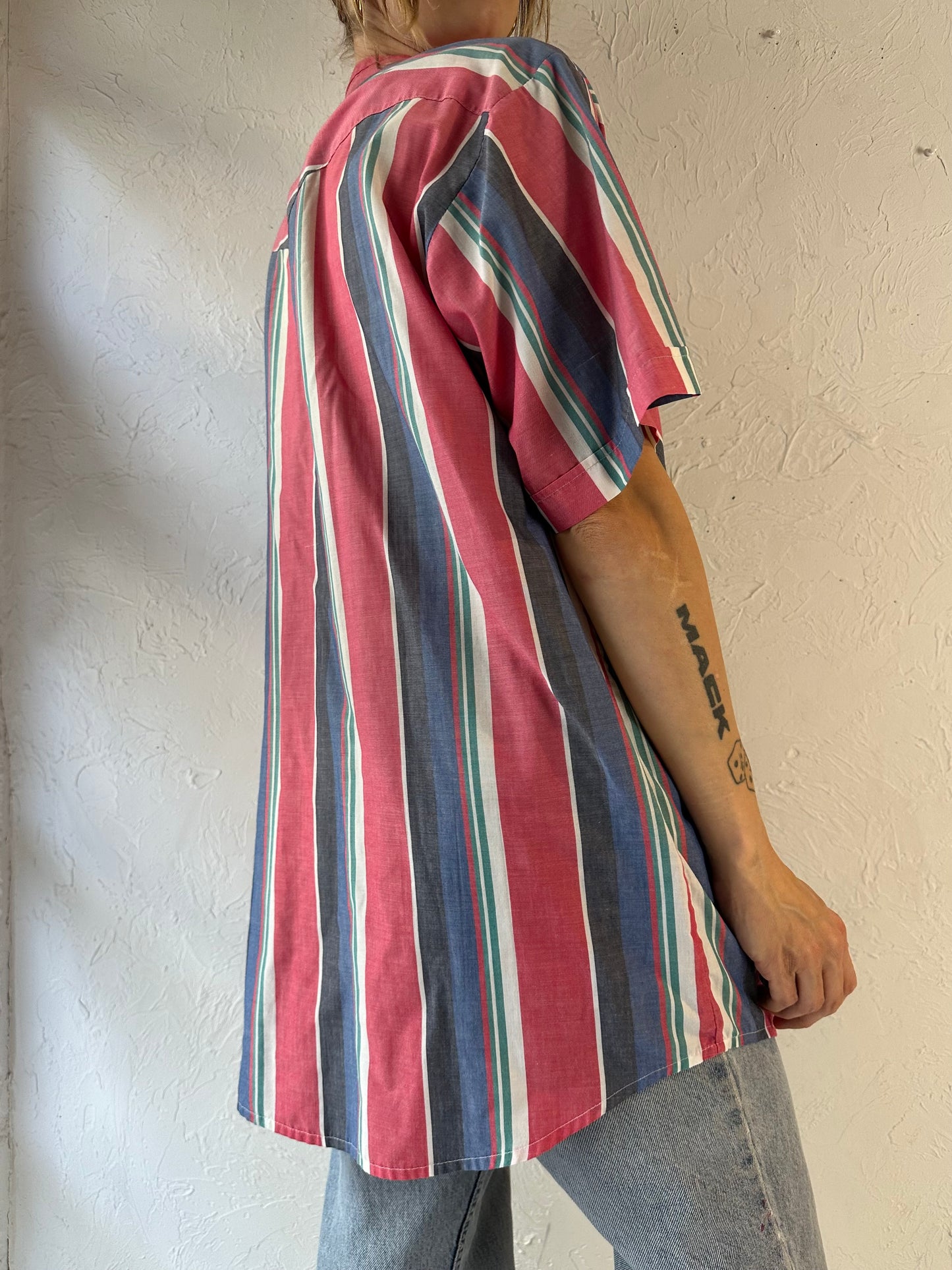 80s 90s 'MWG' Striped Short Sleeve Pearl Snap Shirt / Large