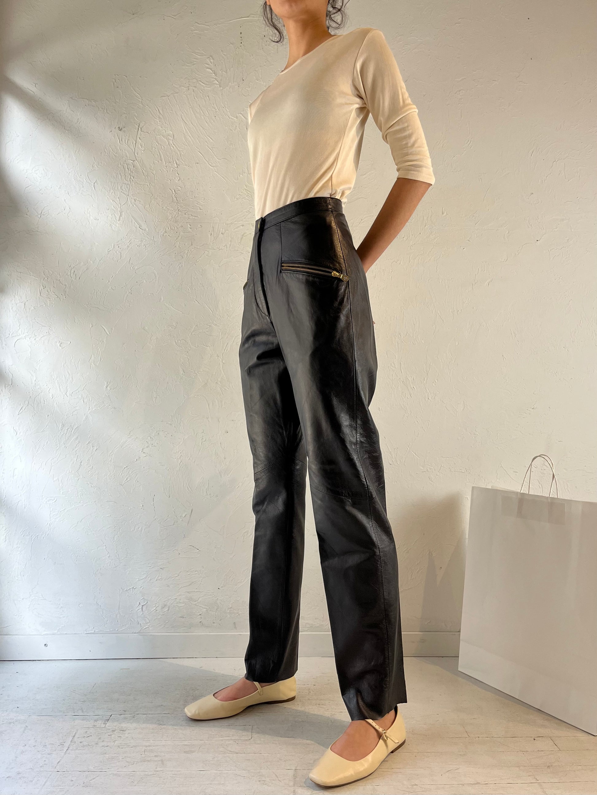 90s ‘G 3’ Black Leather High Waisted Pants / Small