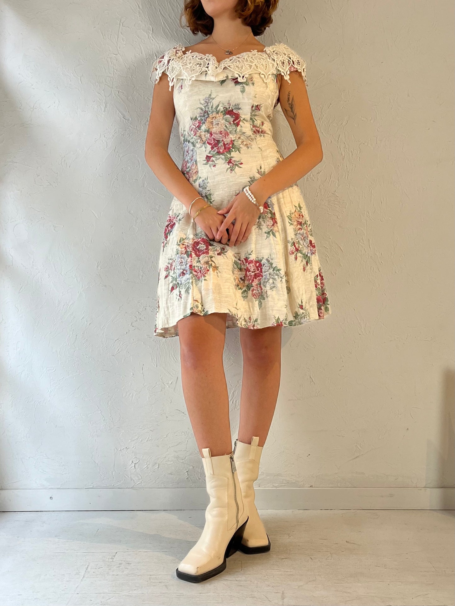 90s 'Roberta' Cream Floral Mini Dress / Small