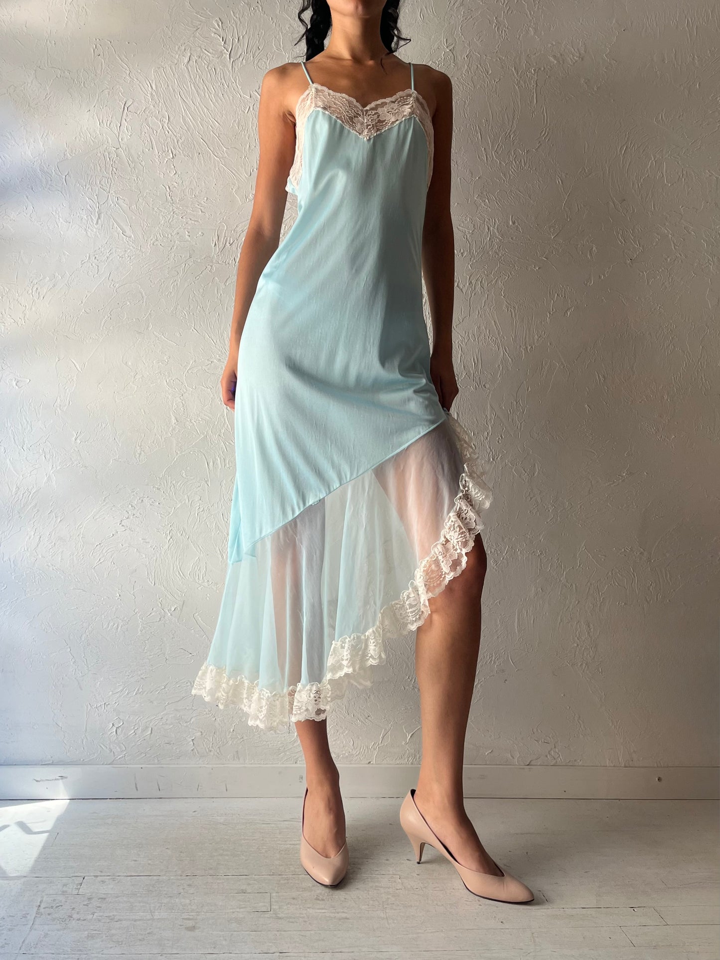 Vintage Assymetrical Baby Blue Slip Dress / Small