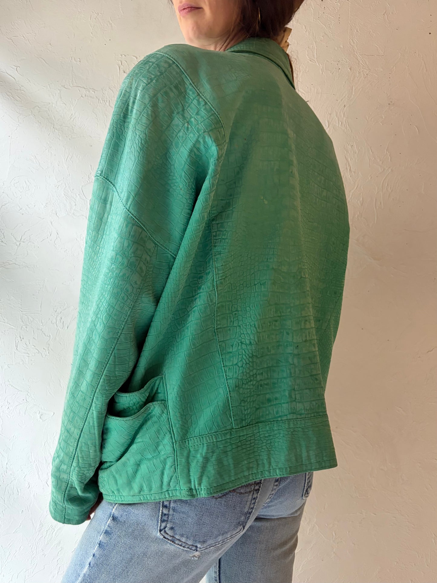 80s 'Bagatelle' Green Leather Jacket / Medium