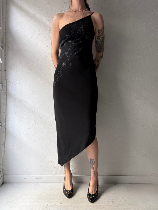 90s 'Rampage' Black One Shoulder Sparkly Assymetrical Formal Dress / Small
