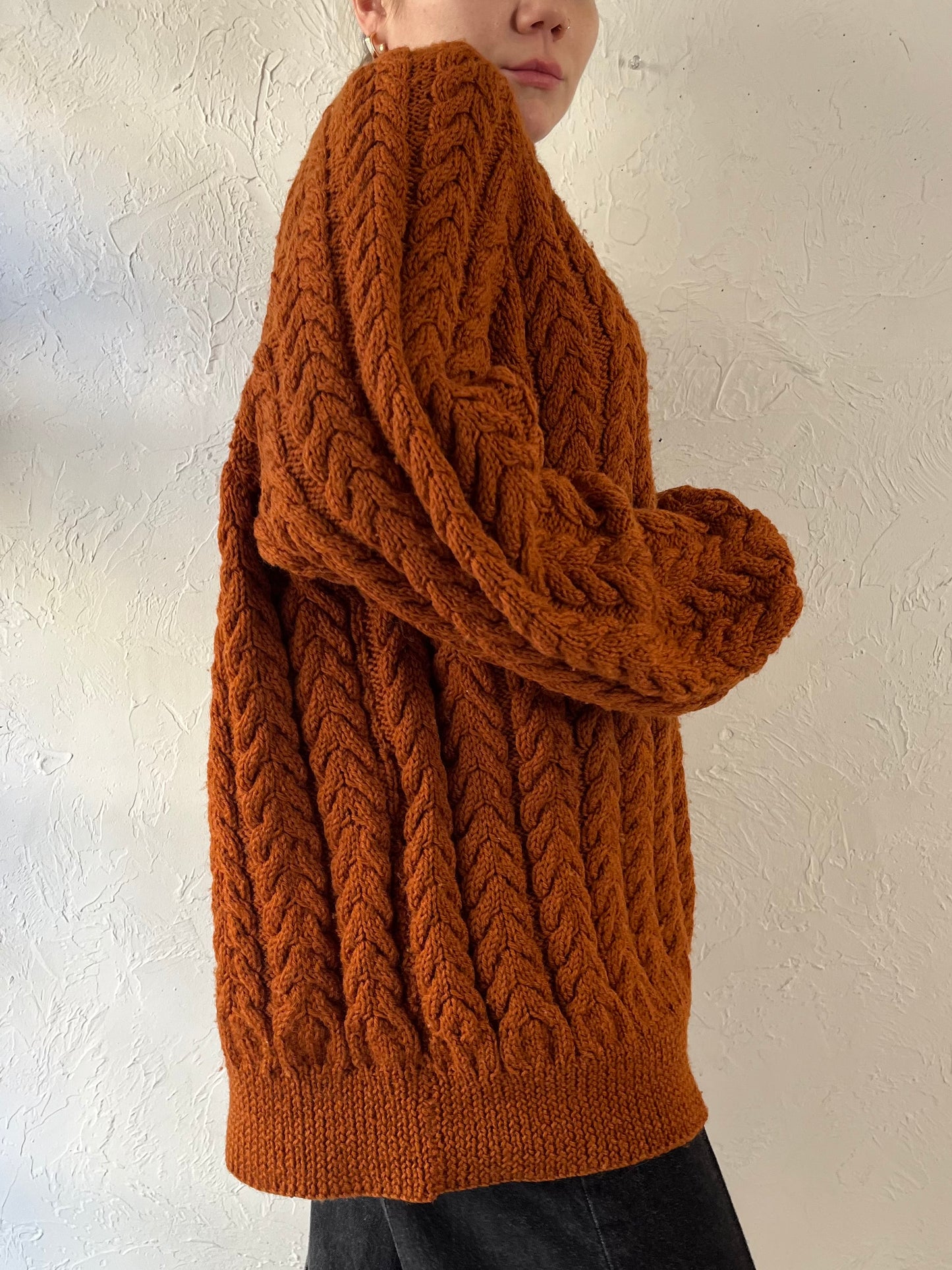 Vintage Hand Made Burnt Orange Cable Knit Sweater / Large