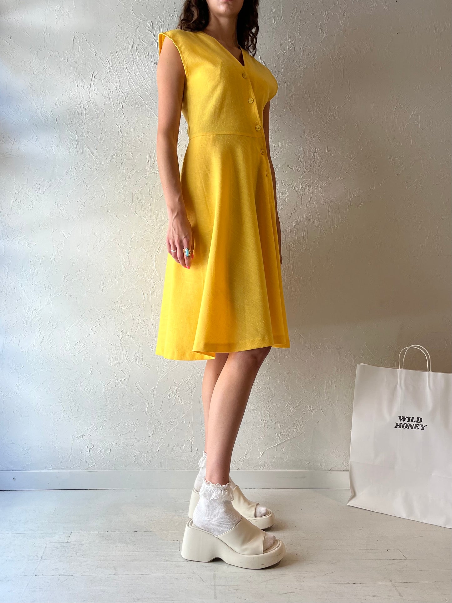 70s 'Up Stage' Yellow Button Up Midi Dress / Small