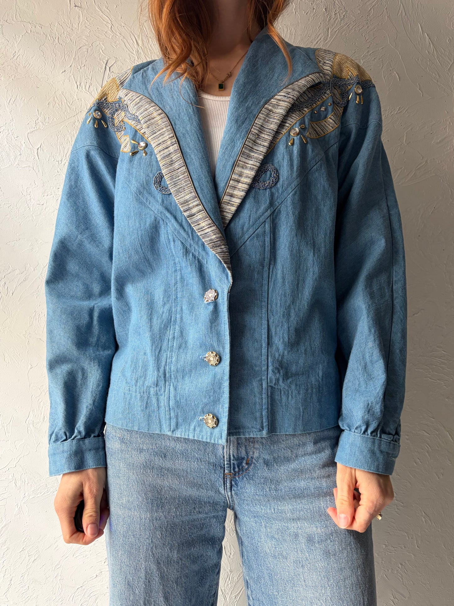 80s 'City Girl' Retro Embellished Western Denim Jacket / Medium