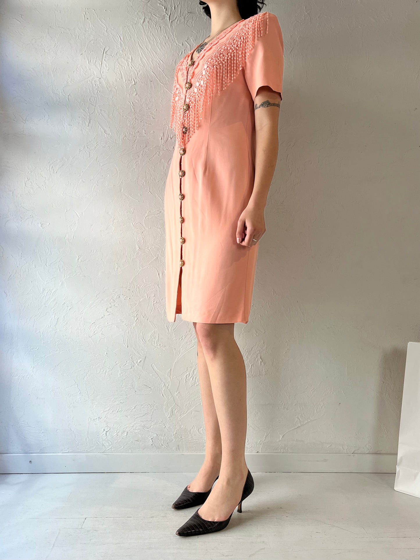 90s 'Petite Sophisticate' Pink Button Up Dress / Small