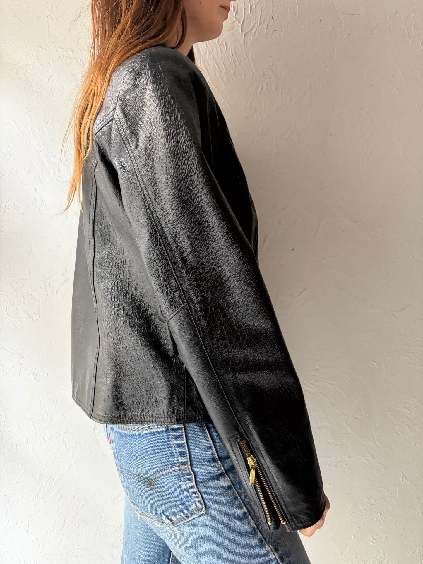 90s 'Leather Ranch' Black Leather Jacket / Small