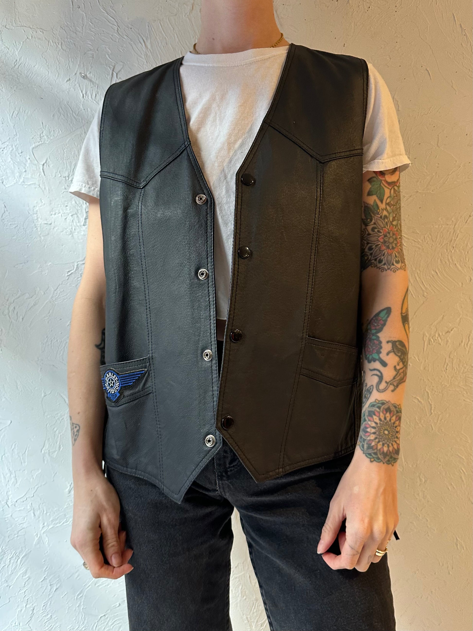 Vintage ‘Starling’ Black Leather Harley Davidson Biker Vest / Large