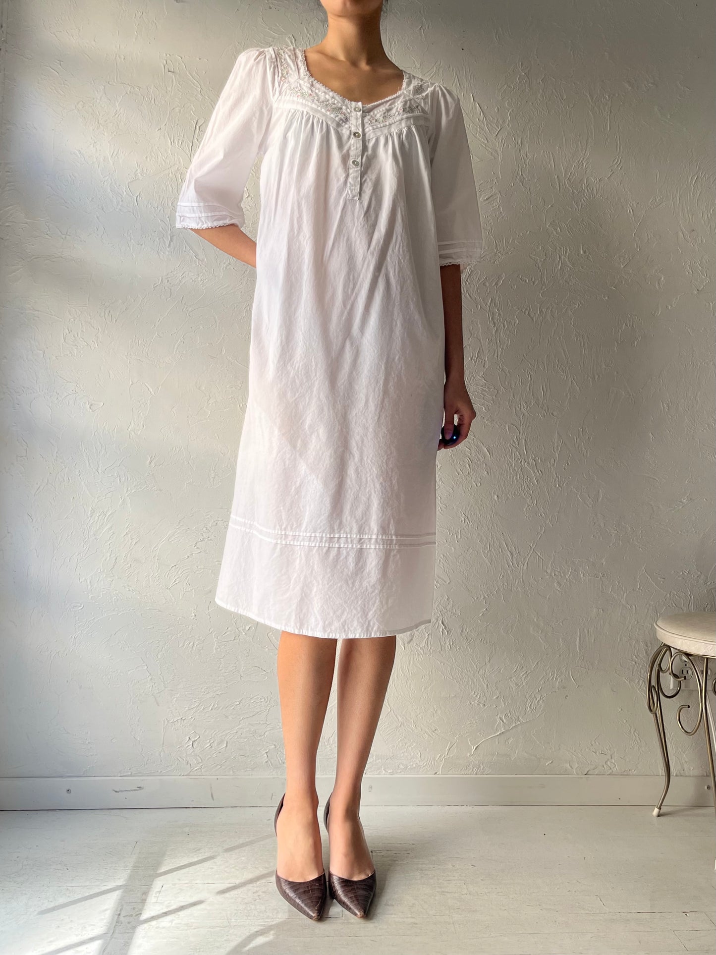 Y2k 'Victoriana' White Cotton Summer Night Gown / Vintage 2000s Cottagecore Nighty Midi Dress / Small