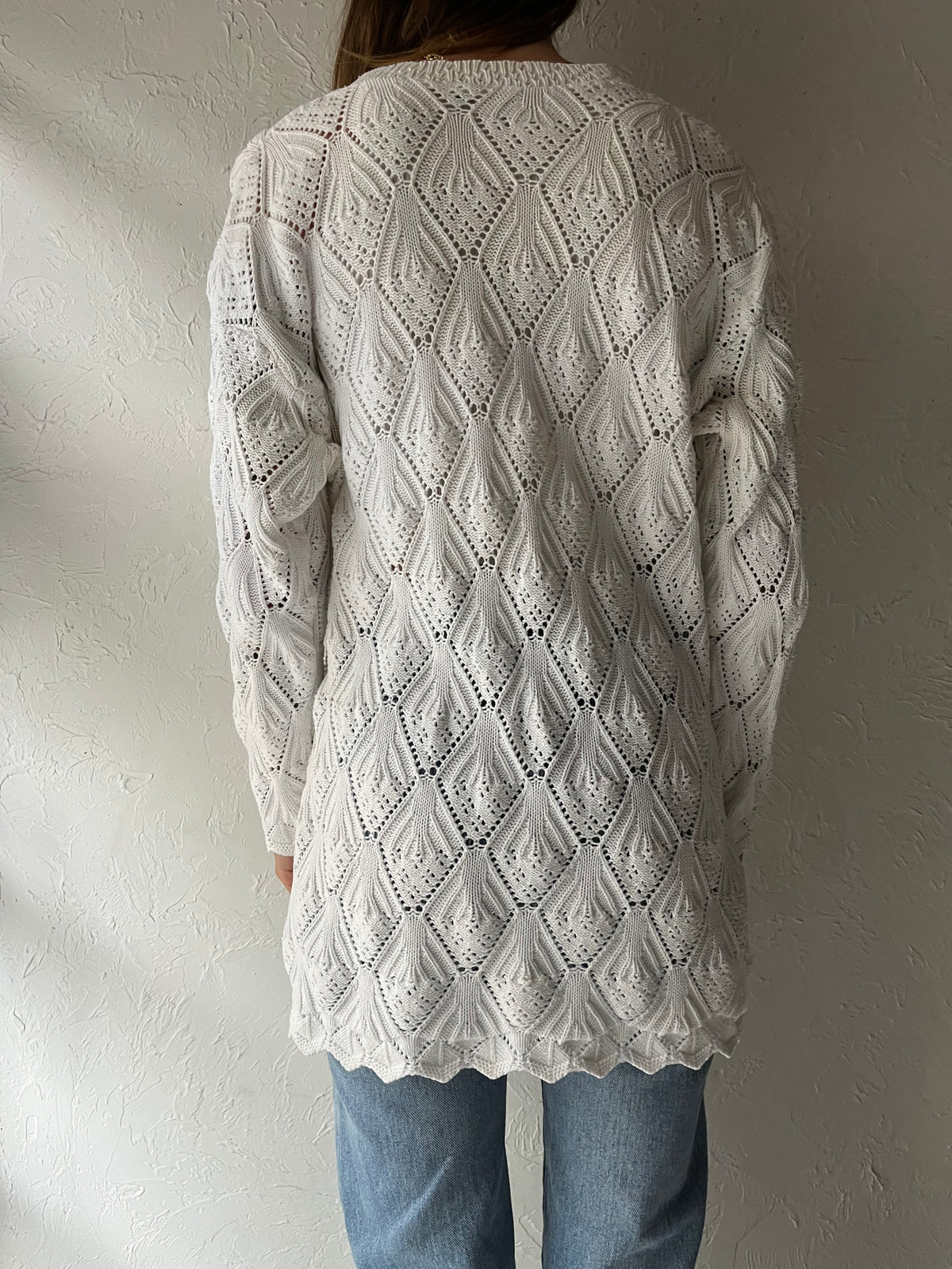 90s White Cotton Crochet Knit Sweater / Medium