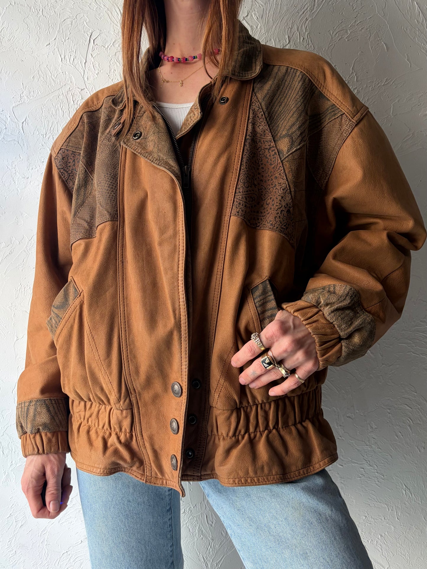 90s 'Paris Sports Club' Tan Suede Leather Retro Bomber Jacket / Medium